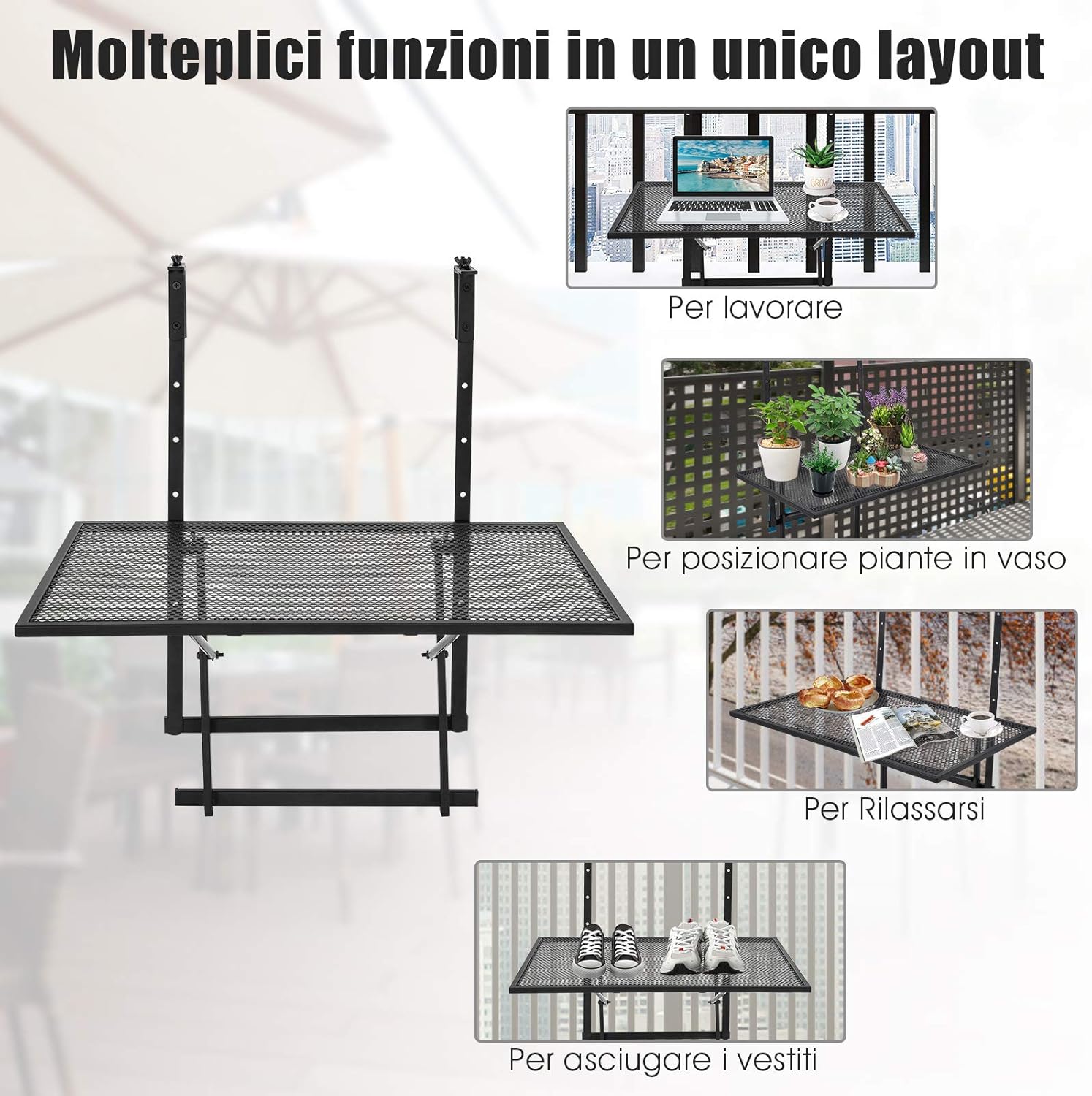 Tavolino Pieghevole da Balcone, Regolabile in Altezza, Tavolo da Appendere a Sospensione di Ferro, Nero, 60,5 x 40,5 x 61,5-82,5 cm