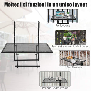 Tavolino Pieghevole da Balcone, Regolabile in Altezza, Tavolo da Appendere a Sospensione di Ferro, Nero, 60,5 x 40,5 x 61,5-82,5 cm