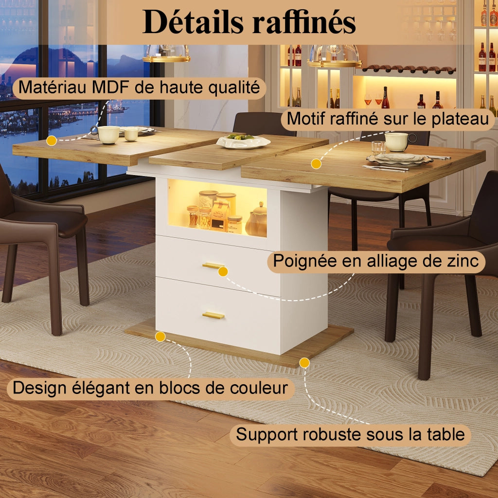 Tavolo da pranzo allungabile con led; vano contenitore integrato; 2 cassetti e 1 vano vetrato per cucina e sala da pranzo