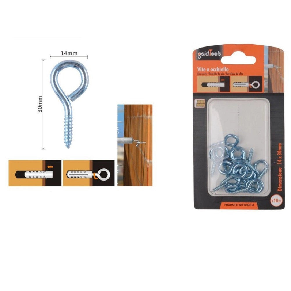 Trade Shop - Set 16pz Viti Vite A Occhiello Gancio Chiuso 14x30mm Filettatura Per Legno 90719 -