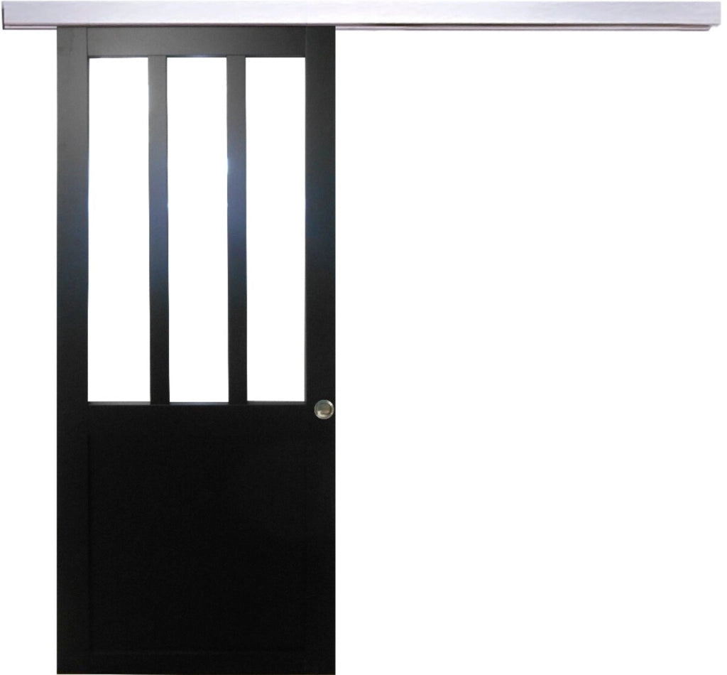 Officina di porte scorrevoli con vetro trasparente rivestito di nero H204 x L73 + binario in alluminio + 2 gusci installati