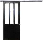 Officina di porte scorrevoli con vetro trasparente rivestito di nero H204 x L73 + binario in alluminio + 2 gusci installati