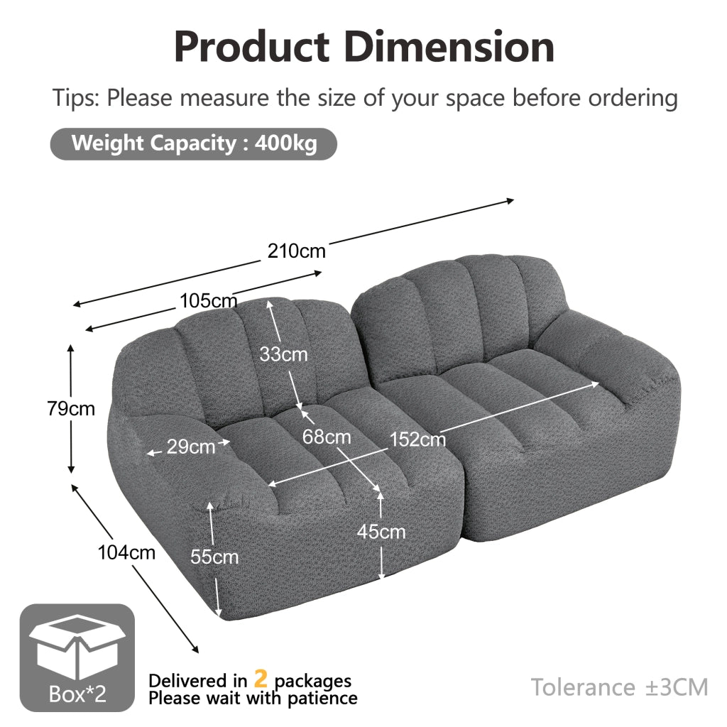 Divano modulare a 2 posti senza struttura con seduta profonda e braccioli ergonomici per soggiorno in fleece grigio