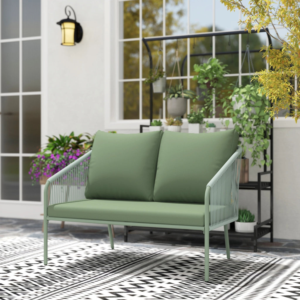 Divano da Giardino 2 Posti Stile Boho con Cuscini Sfoderabili in Rattan PE Verde