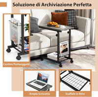 Tavolino da Salotto Moderno, Tavolino Basso Regolabile in Altezza con Ruote e Cestino Portaoggetti, Tavolino Porta PC a Forma di C da Divano e Letto per Soggiorno e Camera da Letto (Grigio)