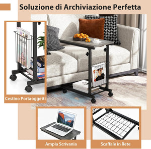 Tavolino da Salotto Moderno, Tavolino Basso Regolabile in Altezza con Ruote e Cestino Portaoggetti, Tavolino Porta PC a Forma di C da Divano e Letto per Soggiorno e Camera da Letto (Grigio)