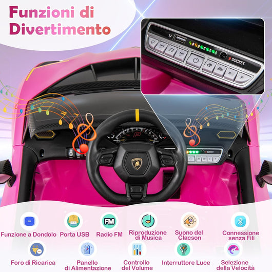 12 V Lamborghini Macchina Elettrica per Bambini, Auto Elettrica Cavalcabile con Telecomando Luci Ammortizzatori a Mola, 3 Velocità, per Bambini 3-8 Anni, 2-4 Km/h (Rosa)