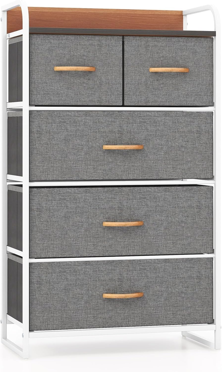 Cassettiera con 4/5 Cassetti, Organizer Verticale con Cassetti Pieghevoli in Tessuto, Cassettiera Armadietto, Comò con Struttura in Acciaio e Superficie in Legno (5 cassetti grigio)