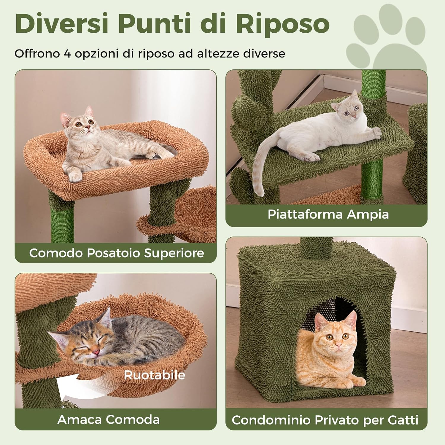 Tiragraffi per Gatti Moderno, Torre per Gatti Estetica a Forma di Cactus con Ripiano, Condo, Amaca, Posti per Graffi in Sisal e Cuscino Lavabile, Albero per Gatti Adulti e Cuccioli