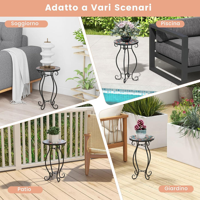 Tavolino per Esterno ed Interno, Tavolino Rotondo con Piano in Piastrelle di Ceramica e Attraenti Motivi, Tavolino Porta Piant per Cortile, Giardino e Salotto