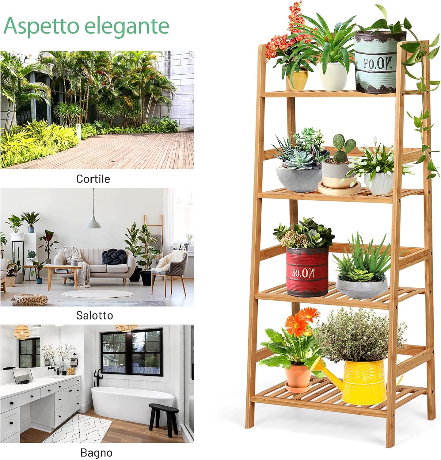 Scaffale per Piante in Bambù a 4 Ripiani, Scaffale Porta Vasi da Interno ed Esterno, Scaffale Portafiori per Balcone, Giardino e Cortile, 48 x 32 x 115 cm (Naturale)