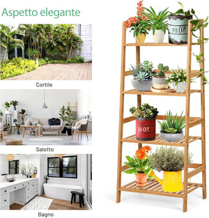 Scaffale per Piante in Bambù a 4 Ripiani, Scaffale Porta Vasi da Interno ed Esterno, Scaffale Portafiori per Balcone, Giardino e Cortile, 48 x 32 x 115 cm (Naturale)