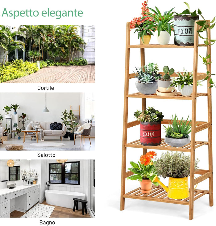 Scaffale per Piante in Bambù a 4 Ripiani, Scaffale Porta Vasi da Interno ed Esterno, Scaffale Portafiori per Balcone, Giardino e Cortile, 48 x 32 x 115 cm (Naturale)