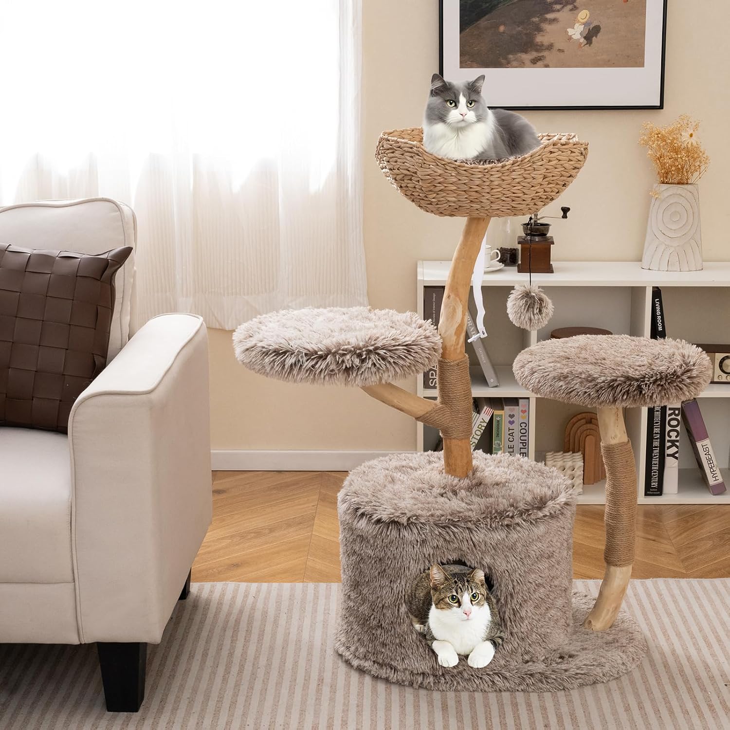 Albero per Gatti in Legno di Pero 105cm, Torre per Gatti con Tiragraffi in Sisal, Piattaforme e Pallina Pendente, Cuccia per Animali Domestici