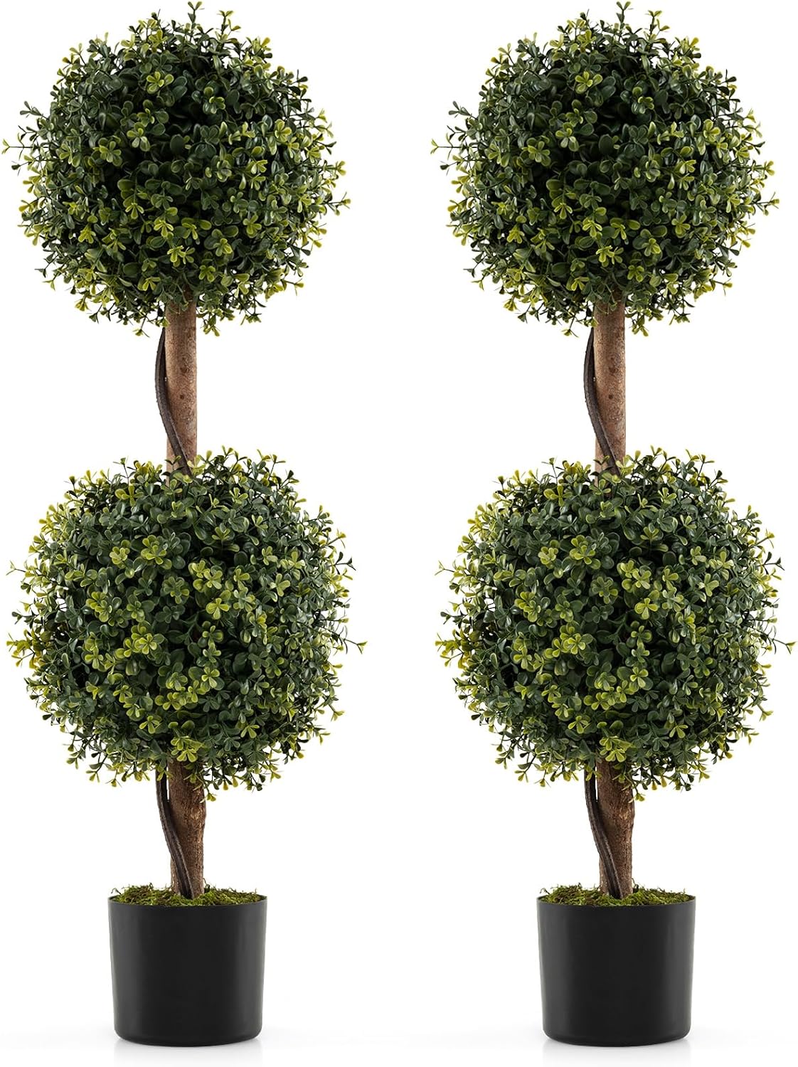 Set di 2 Alberi Artificiali con Tronco Solido da 90 cm, Muschio Naturale e Vaso Stabile Riempito di Cemento, Arbusto Finto Protetto dal Sole per Decorazione Interna ed Esterna