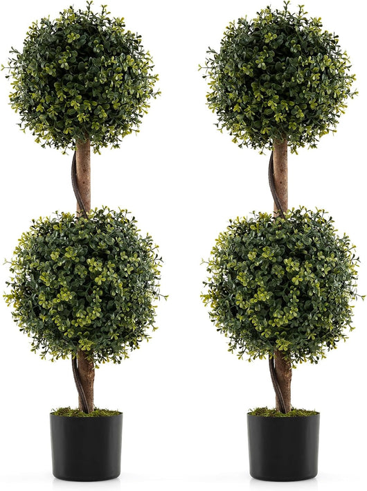 Set di 2 Alberi Artificiali con Tronco Solido da 90 cm, Muschio Naturale e Vaso Stabile Riempito di Cemento, Arbusto Finto Protetto dal Sole per Decorazione Interna ed Esterna