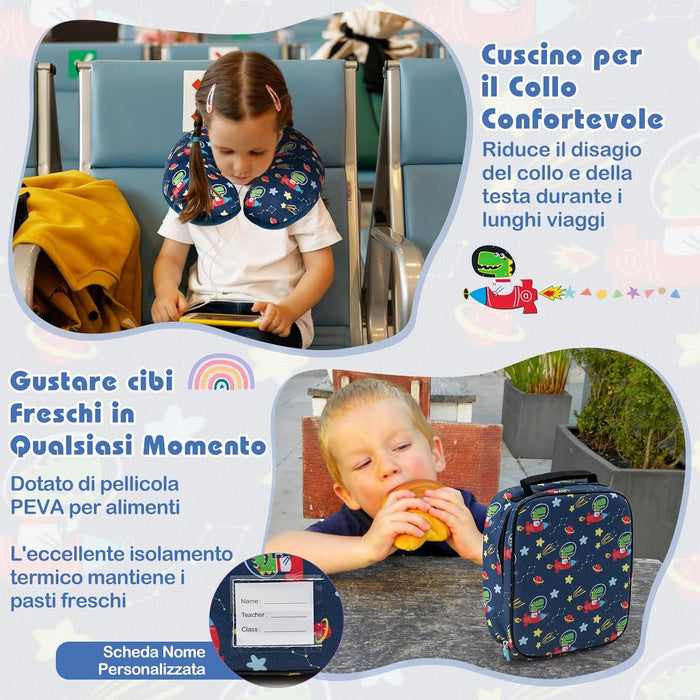 5 Pezzi Valigia per Bambini, Valigia con ManicoTelescopico da 16" con 13" Zainetto, Cuscino per Il Collo, Etichetta per Bagaglio, Borsa per Il Pranzo, con Ruote Girevoli a 360 ° (Modello 2)