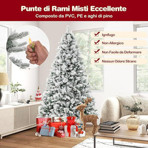 Albero di Natale Innevato 136/180/210 cm, Albero di Natale con 160/240/320 Luci LED, 472/850/1270 Rami di PE e PVC, 26/34/40 Pigne, Aghi di Pino e 8 Modalità di Illuminazione (210 CM)