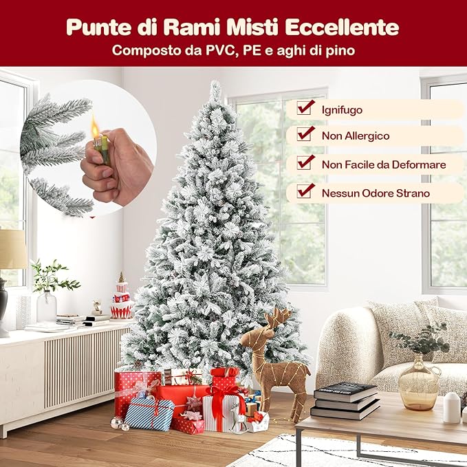 Albero di Natale Innevato 136/180/210 cm, Albero di Natale con 160/240/320 Luci LED, 472/850/1270 Rami di PE e PVC, 26/34/40 Pigne, Aghi di Pino e 8 Modalità di Illuminazione (210 CM)