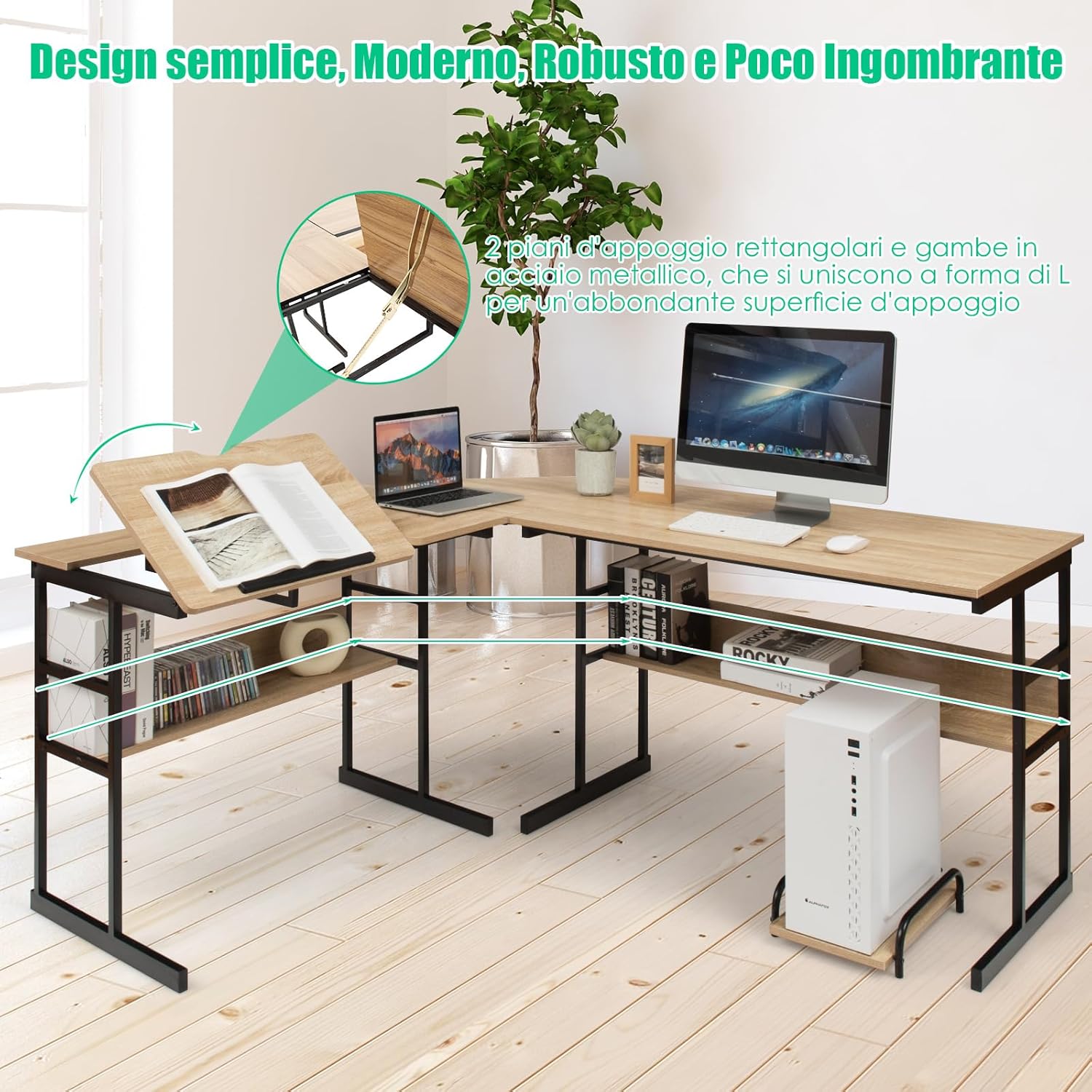 Scrivania Angolare 170 CM, Scrivania ad Angolo per Computer con Piano Inclinabile, Scaffale Inferiore e Supporto per CPU, Scrivania a Forma di L per Ufficio e Studio (Naturale)