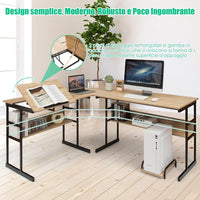 Scrivania Angolare 170 CM, Scrivania ad Angolo per Computer con Piano Inclinabile, Scaffale Inferiore e Supporto per CPU, Scrivania a Forma di L per Ufficio e Studio (Naturale)
