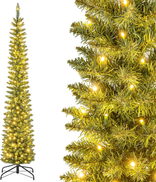 Albero di Natale Slim da 150/180/210 CM, Albero di Natale Artificiale con 296/390/499 Punte di Ramo, 150/180/200 Luci LED Bianche Calde, Supporto Pieghevole in Metallo (210 cm)