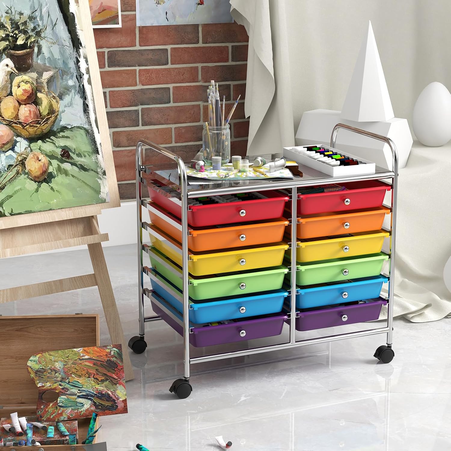 Carrello di Stoccaggio con 12 Cassetti, Carrello portaoggetti con 4 Ruote, Carrello Multiuso per Scuola Ufficio Cucina, 64 x 38 x 62 cm (12 cassetti Colorato)