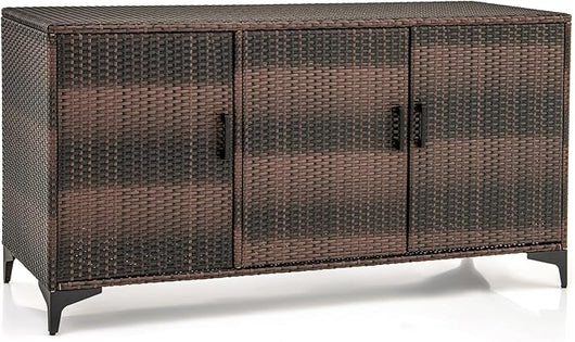 Cassapanca da Giardino in Rattan PE, 318 L, 3 Porte con Ripiani Rimovibili, Impermeabile, per Cuscini, Guanciali, Attrezzi e Accessori da Piscina, 135 x 50 x 70,5 cm (Marrone)