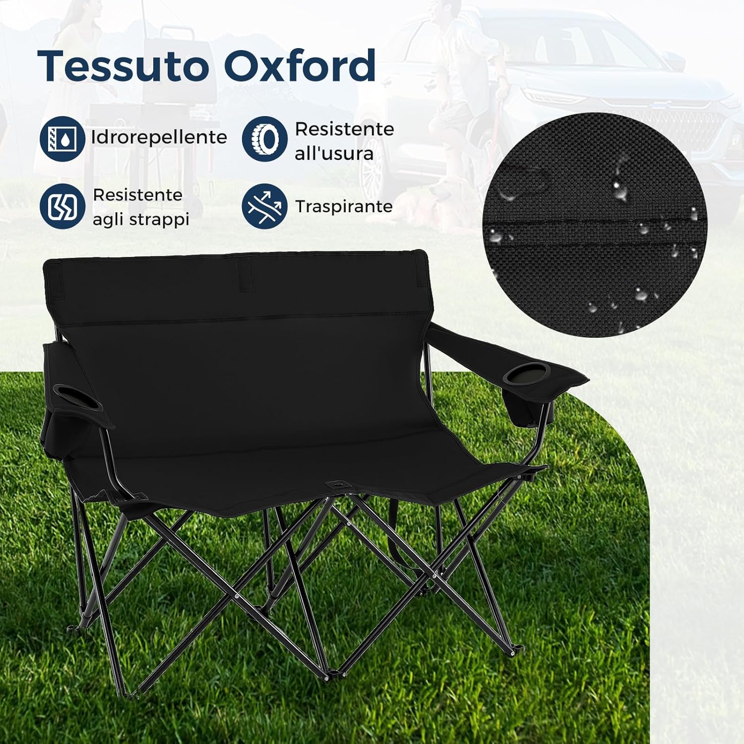 Sedia da Campeggio Doppia, Poltrona Pieghevole per 2 Persone con Portabicchieri, Borsa per il Trasporto, Sedia da Giardino Portatile per Spiaggia, Picnic, Pesca, Portata 300 kg (Nero)