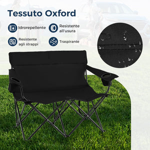 Sedia da Campeggio Doppia, Poltrona Pieghevole per 2 Persone con Portabicchieri, Borsa per il Trasporto, Sedia da Giardino Portatile per Spiaggia, Picnic, Pesca, Portata 300 kg (Nero)