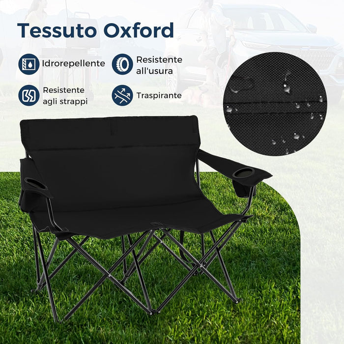 Sedia da Campeggio Doppia, Poltrona Pieghevole per 2 Persone con Portabicchieri, Borsa per il Trasporto, Sedia da Giardino Portatile per Spiaggia, Picnic, Pesca, Portata 300 kg (Nero)