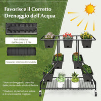 Letto da Giardino Verticale Sollevato con 7 Vasi, Cestini di Stoccaggio, Fori di Drenaggio e 4 Ruote Bloccabili, Scaffale Portafiori da Esterno ed Interno, Piantatore Elevato a 3 Livelli per O