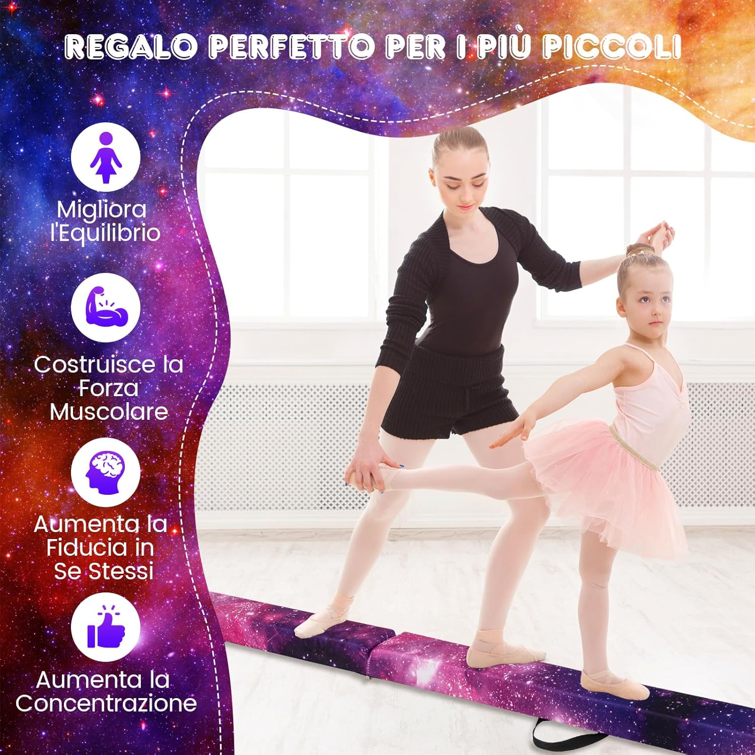 Trave Ginnastica Artistica per Casa 210/240 cm, Trave Pieghevole per Bambini con Maniglia, Base in Legno e Fondo Antiscivolo, Trave di Equilibrio da Pavimento