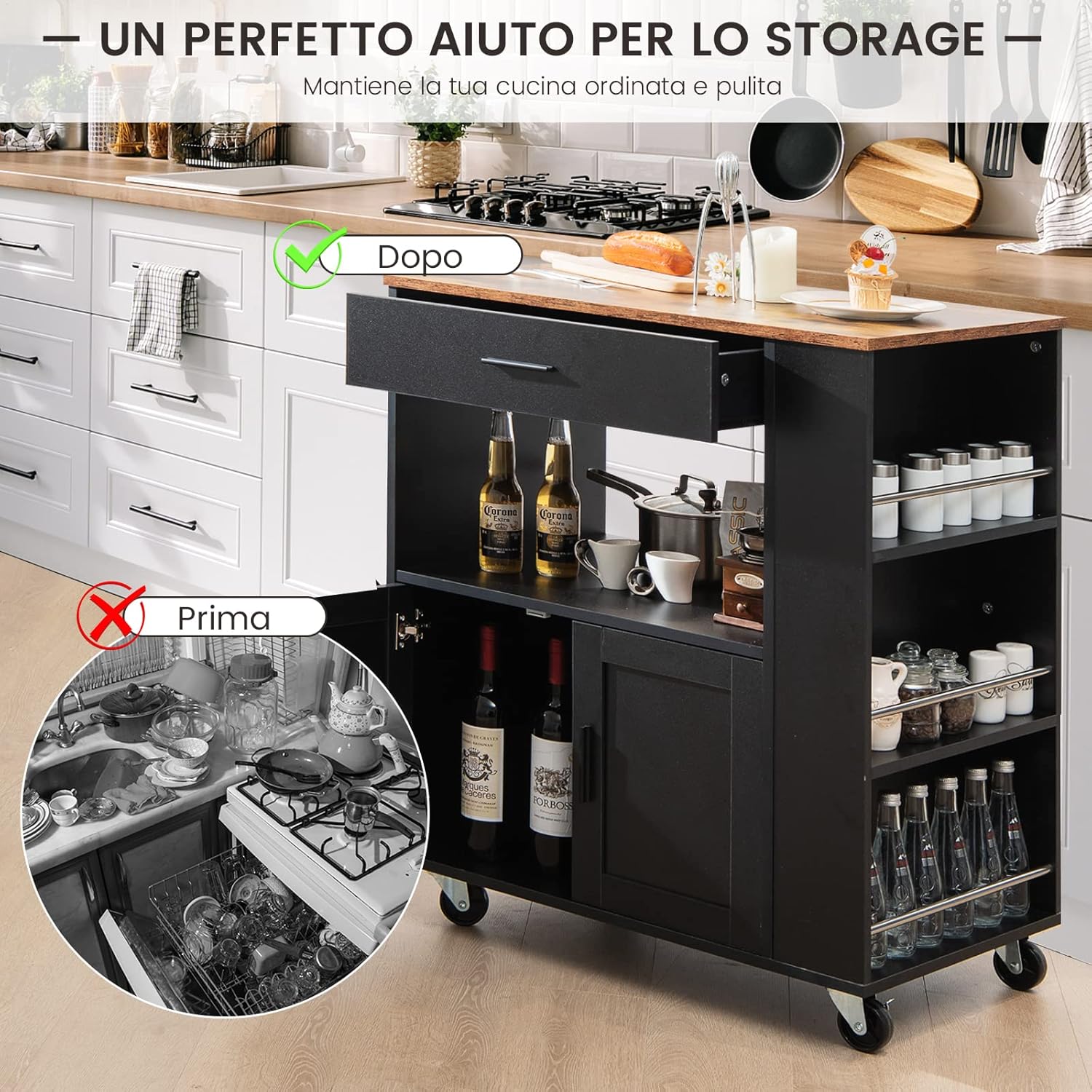 Carrello da Cucina con Ruote, Isola da Cucina con 3 Portaspezie 1 Cassetto Armadietto a 2 Porte, Carrello Portaoggetti con Portasciugamani, 82x46x92 cm (Nero)