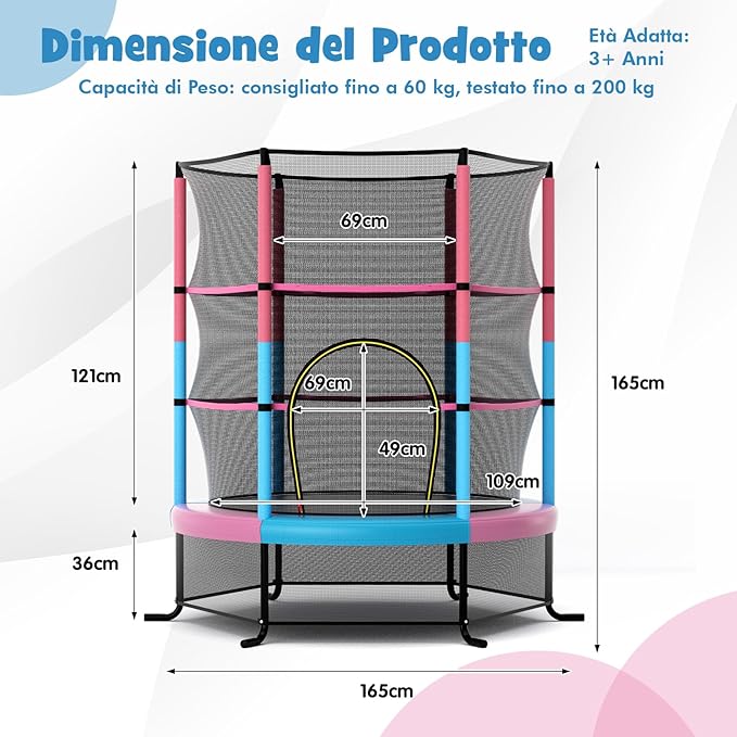 Trampolino Elastico Bambino in Acciaio, Tappeto Elastico Bambini da Esterno e da Interno, con Rete e Cusicnetti Antiscivolo