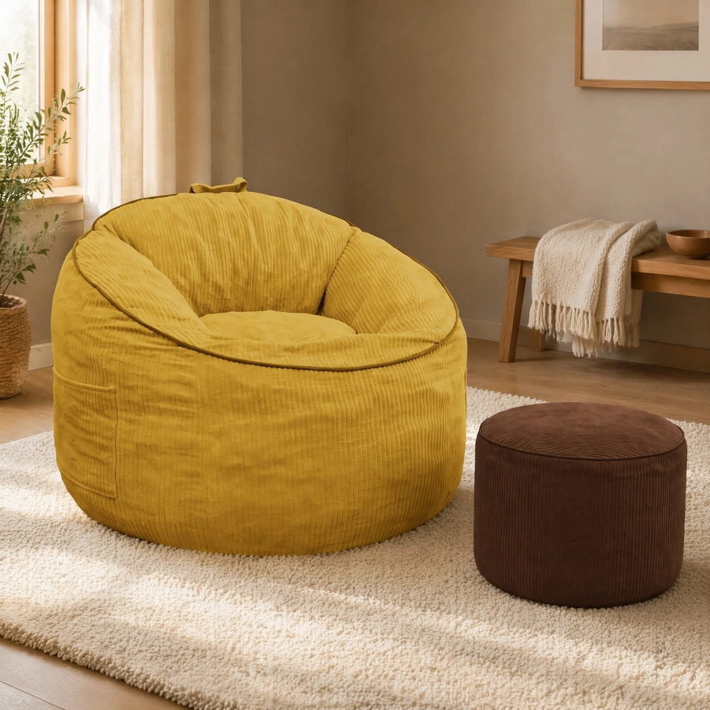 Poltrona con pouf sagomata ergonomica con tasca laterale portaoggetti per relax e lettura in flanella gialla