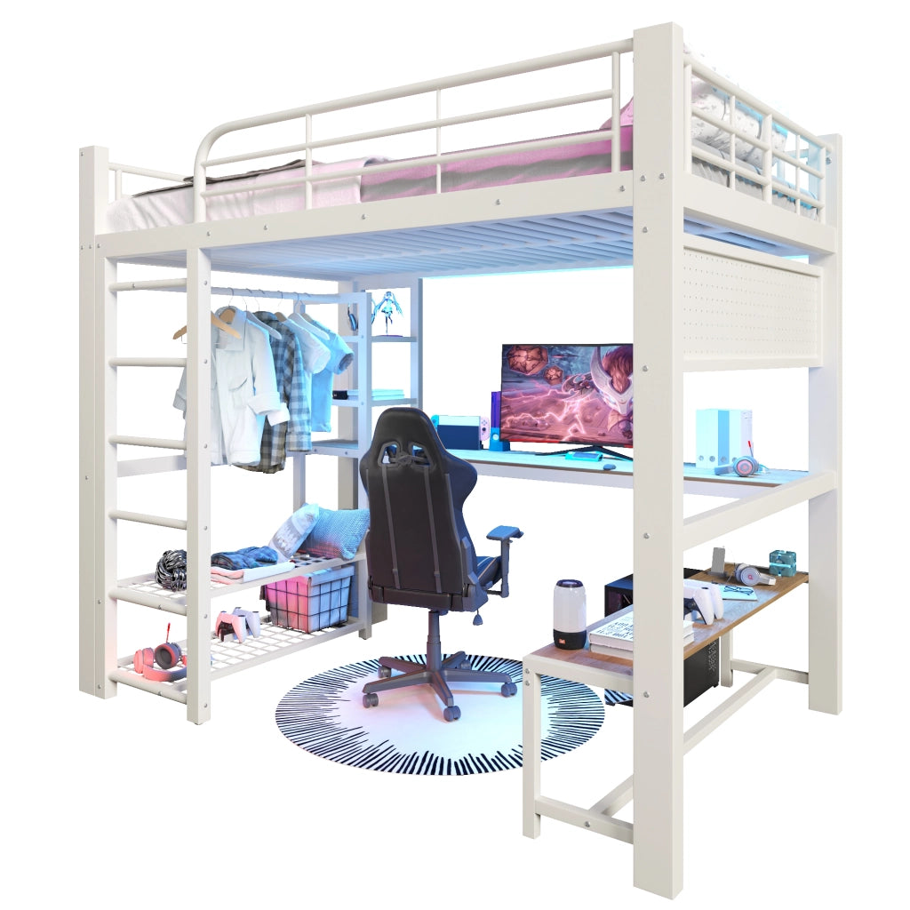 LETTO a soppalco 140x200 cm in metallo bianco con scrivania, LED e ripiani