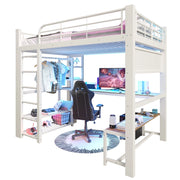 LETTO a soppalco 140x200 cm in metallo bianco con scrivania, LED e ripiani