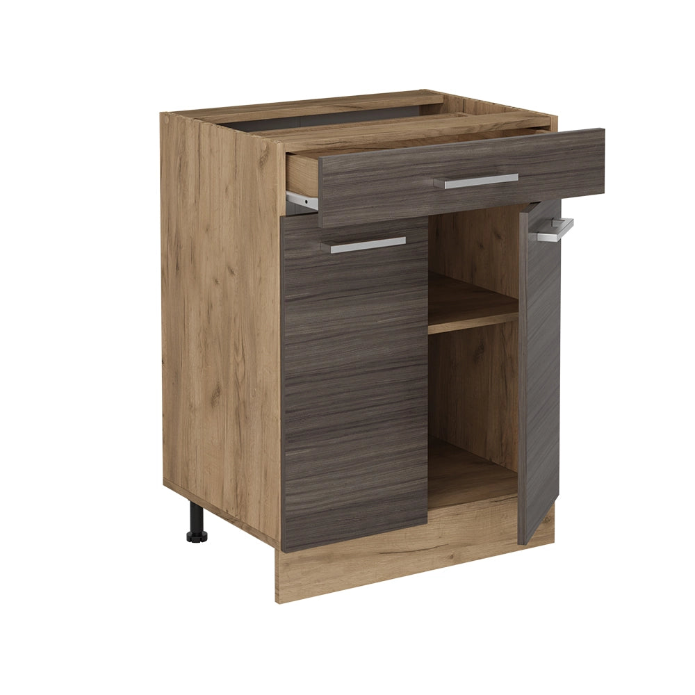 Mobiletto base per cucina R-Line Grigio nobile/Rovere dorato 60 cm con cassetto, senza piano di lavoro Vicco