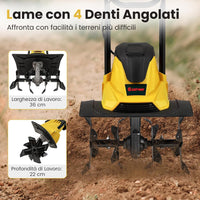 Motozappa Elettrica a Filo, Zappatrice da Giardino con Manico Ergonomico e Motore Forte, Motocoltivatore Pieghevole per Scavare Terreno del Prato (36,5 x 24 x 138 cm,Giallo)