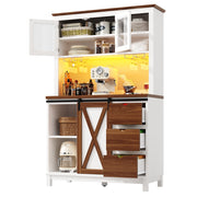 Credenza Alta da Cucina con 1 Porta Scorrevole in Vetro; 1 Cassetto; Ripiani Regolabili e LED; 104x40x180 cm; Bianco