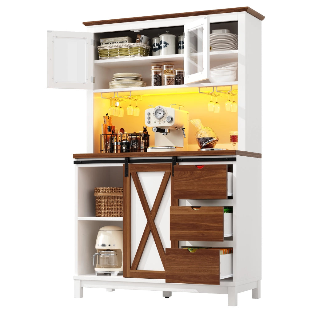 Credenza Alta da Cucina con 1 Porta Scorrevole in Vetro; 1 Cassetto; Ripiani Regolabili e LED; 104x40x180 cm; Bianco