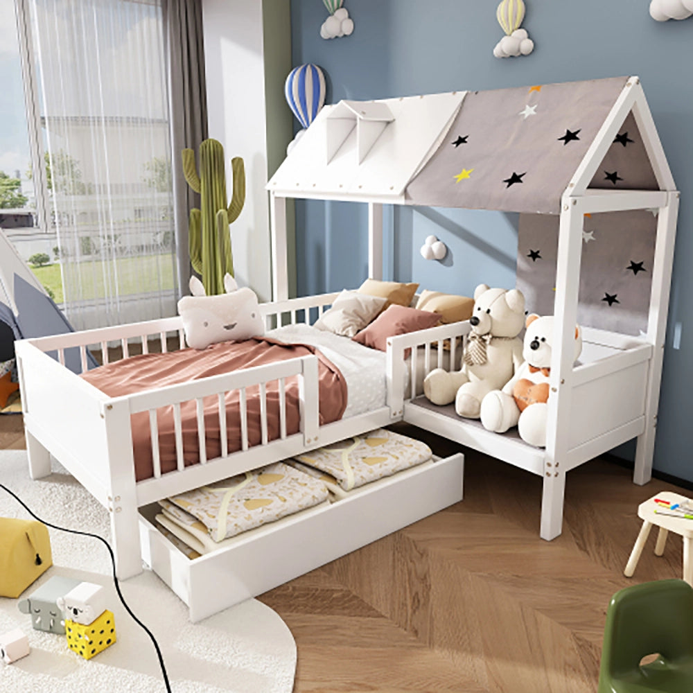 Lit a forma di casa per bambini - Xylo - 90x200 cm - Legno - Bianco - Con tenda e cassetti