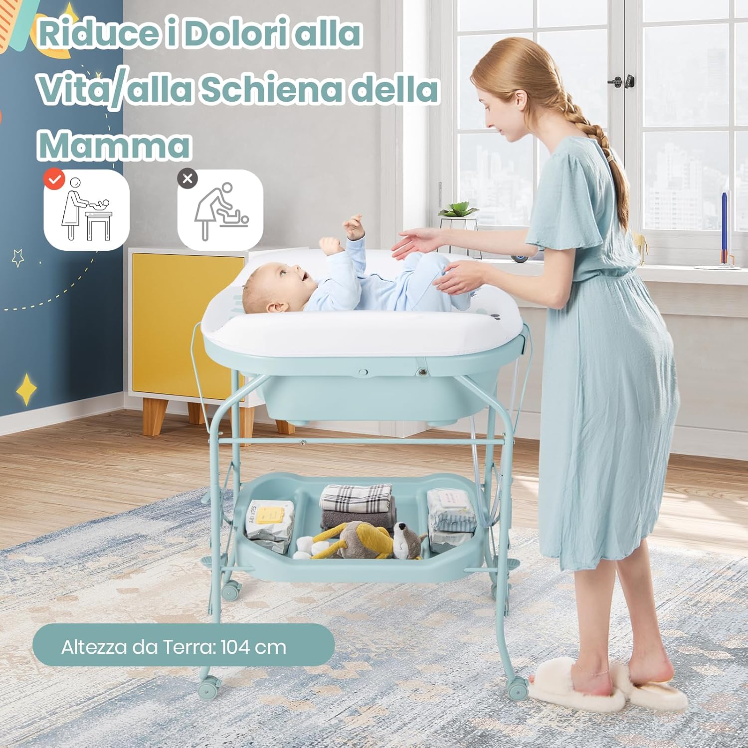 Fasciatoio con Vaschetta per Bambini, Vasca da Bagno per Neonati, Fasciatoio Pieghevole con Materassino, Cestino Portaoggetti, Ruote con Freno, Portata 35kg+15kg (Azzurro)