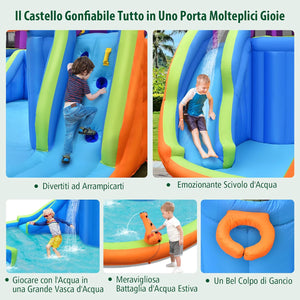 Castello Gonfiabile per Bambini con 2 Torre e Cannoni d’Acqua, Castello Gonfiabile con 2 Scivoli, Muro di Arrampicata e Canestro, Parco Acquatico per Bambini da 3+ Anni
