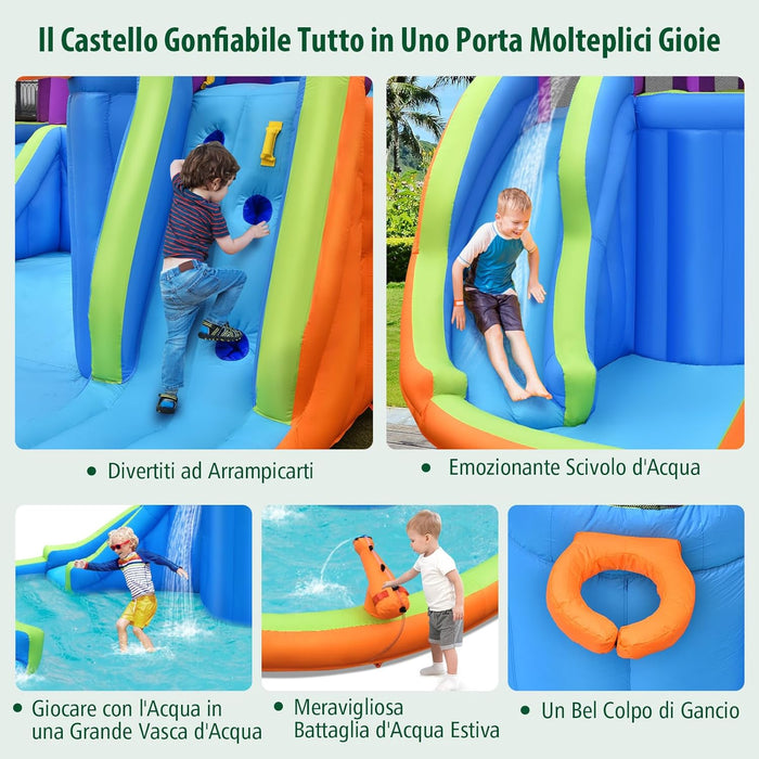 Castello Gonfiabile per Bambini con 2 Torre e Cannoni d’Acqua, Castello Gonfiabile con 2 Scivoli, Muro di Arrampicata e Canestro, Parco Acquatico per Bambini da 3+ Anni