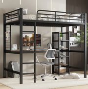 Letto a soppalco in ferro e MDF con scrivania e scaffalatura, 90x200 cm, colore nero e legno scuro