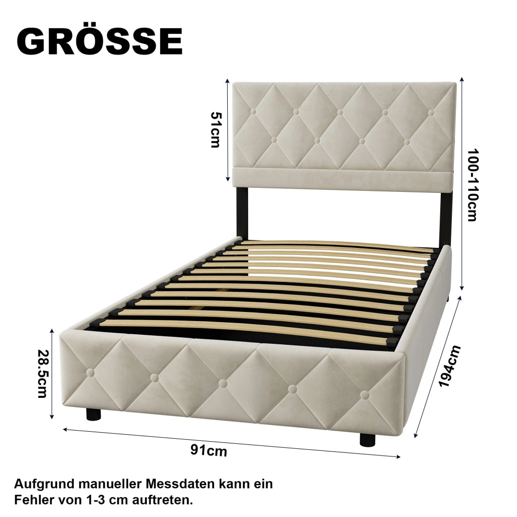 Letto singolo imbottito beige in velluto, struttura MDF ferro, supporto centrale