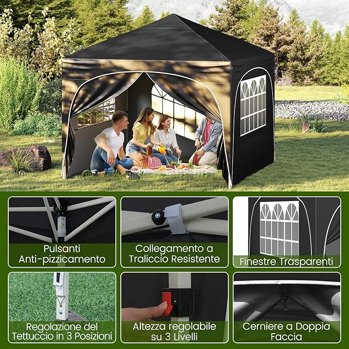 Gazebo Piehevole da Esterno 3 x 3 m, Gazebo Regolabile in Altezza con Pareti Rimovibili, Borsa con Ruote, Picchetti, Ancoraggi, Corde Vento e Sacchi di Sabbia, Tendone per Giardino (Nero)
