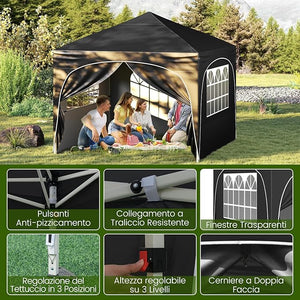 Gazebo Piehevole da Esterno 3 x 3 m, Gazebo Regolabile in Altezza con Pareti Rimovibili, Borsa con Ruote, Picchetti, Ancoraggi, Corde Vento e Sacchi di Sabbia, Tendone per Giardino (Nero)